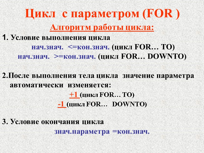 Цикл  с параметром (FOR ) Алгоритм работы цикла: 1. Условие выполнения цикла 